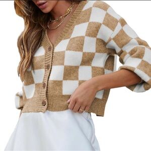 Dokotoo Womens Sweater Cardigan Cropped Casual Checkered Long Sleeve M